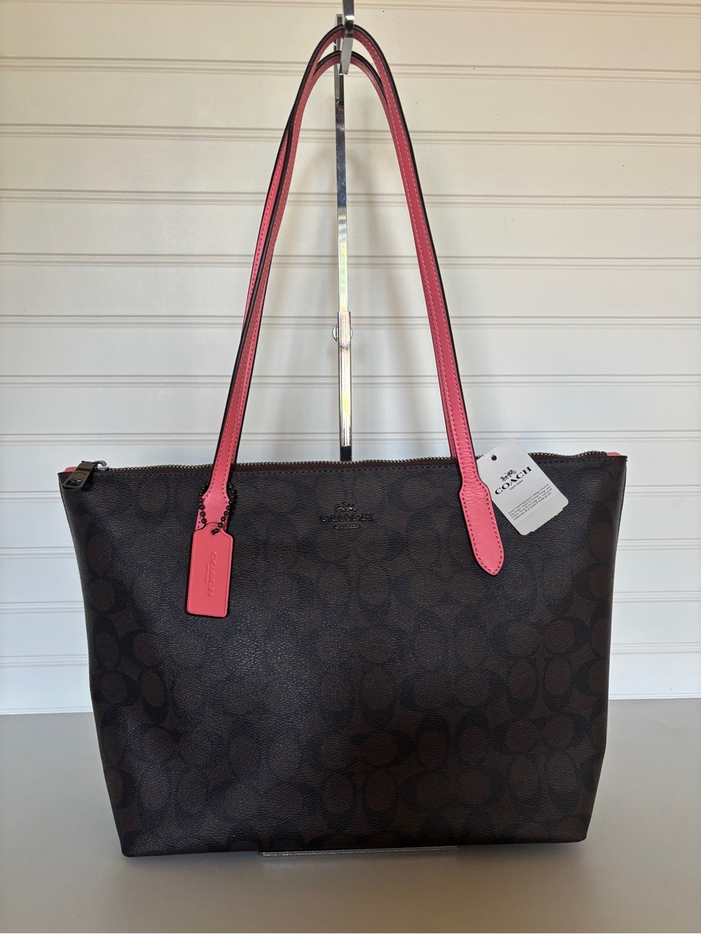 Coach Signature Zip Tote Bag Brown Pink Lemonade Leather! New 🌸
